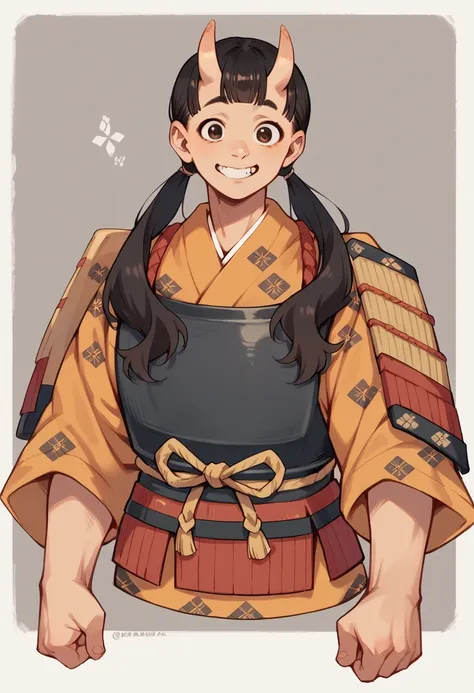 inutadearmr, ,japanese armor, low twintails,kimono,oni ,grin,black hair,brown eyes,armour