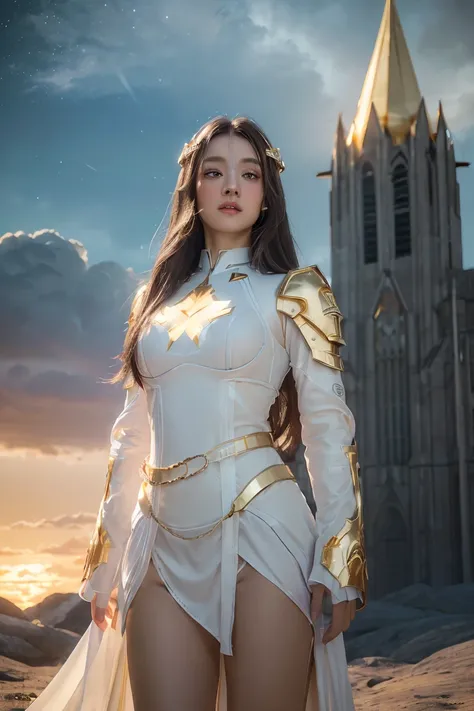 ((masterpiece, best quality, extremely detailed), volumetric lighting, ambient occlusion, colorful, glowing), 1girl, solo, young girl, (dark hair), long hair, halo, aura, sacred, goddess, cleric suit, (white outfit with gold detailst:1.3), armor, outdoors,...