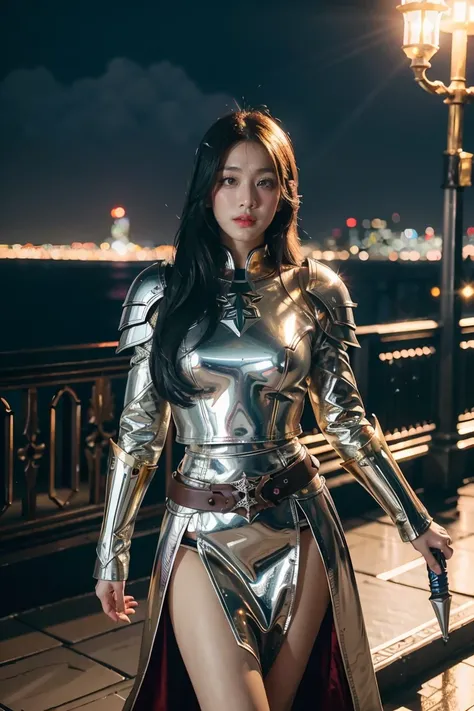 (masterpiece, best quality), A paladin holding a light-infused greatsword, light magic, divine, mage aura, silver and gold, 4k, dark cityscape, Fujifilm