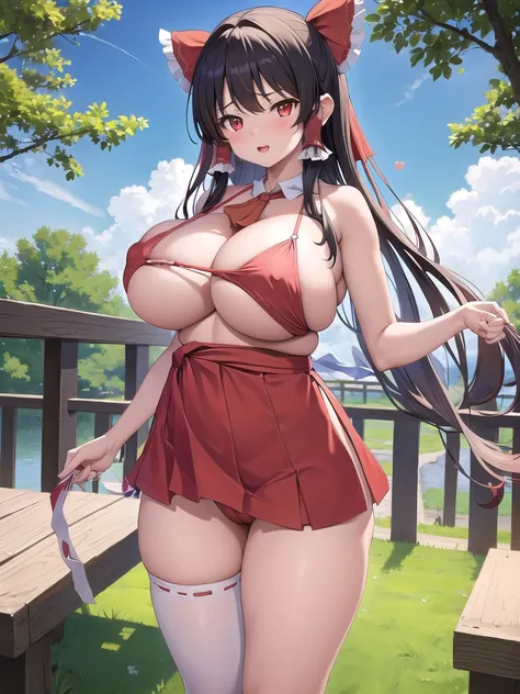 Reimu Hakurei, 1 Girl,  (Very large saggy tits:1.4),Miko costume ,(bare breast:1.3), Outdoor,blue sky,