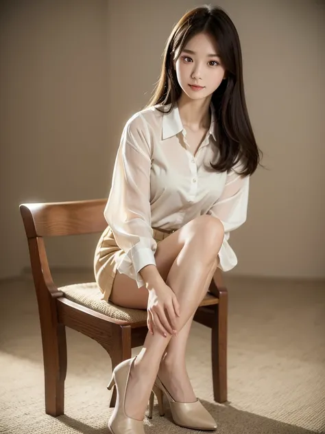 High heels、blouse、Beige mid-length skirt 、(Highest quality)、((Very detailed))、4K、(8K)、masterpiece、Very detailedな、Highest quality、Super Resolution、1 person、Kind Face、Soft Light、RAW quality、Soft Skin、163cm、White Room、Sit on a chair,30 years old