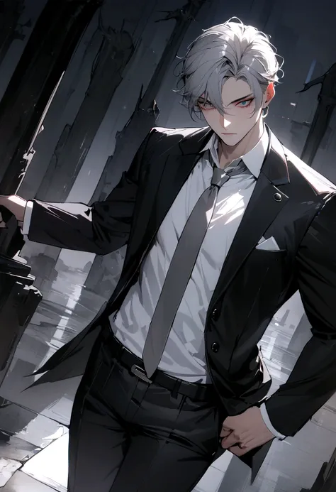 hd, ultra detailed, 8k quality, high quality, masterpiece, 1 boy, single, gray hair, black suit, gray tie, white t-shirt, black pants, hitman vibe, underworld