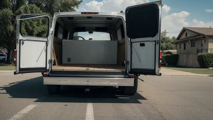 Ultrarealistic image of a car trailer, panoramic view from the street to the front