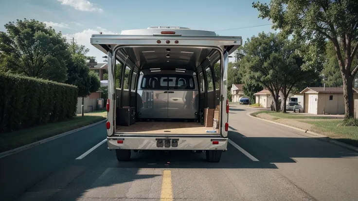 Ultrarealistic image of a car trailer, panoramic view from the street to the front