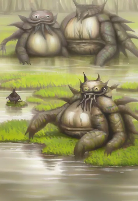 unidentified creatures in the swamp。keep your background realistic。