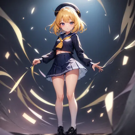 (Sailor suit),(((Navy Mini Skirt))),beret,,Cute little ,Tiny ,Small girl,,Childish face, Very fine clean face,Top quality, Big eyes,Straight Hair,Yellow hair,Crimson Eye,(Dark Room), Subtle light, Natural light,Soft lighting,Light from directly behind, (Ar...