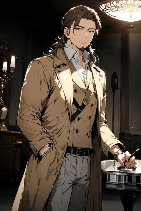 ultra detailed image. anime styling. Scenery of a dark gray room with polished and polished walls with an ultra polished and polished silver table. Research Board in the background. There are two characters. One of them is a handsome and seductive handsome...