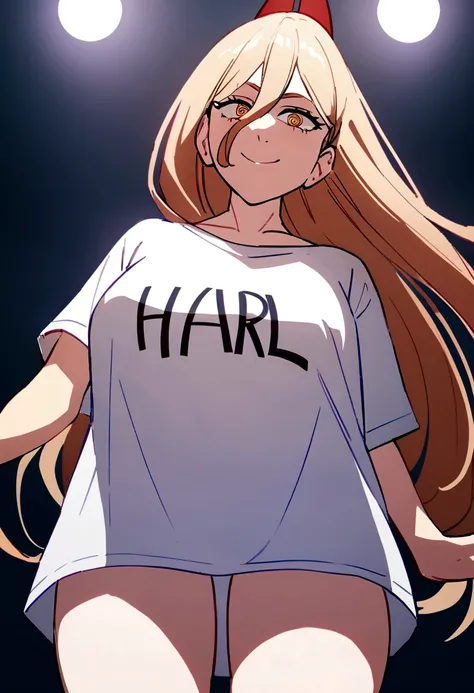 a powerful woman wearing an oversized shirt that reaches her thighs, with the text "Harl" written on the shirt, smiling with a bold expression, detailed face and eyes, 8k, best quality,sentada em uma cadeira.