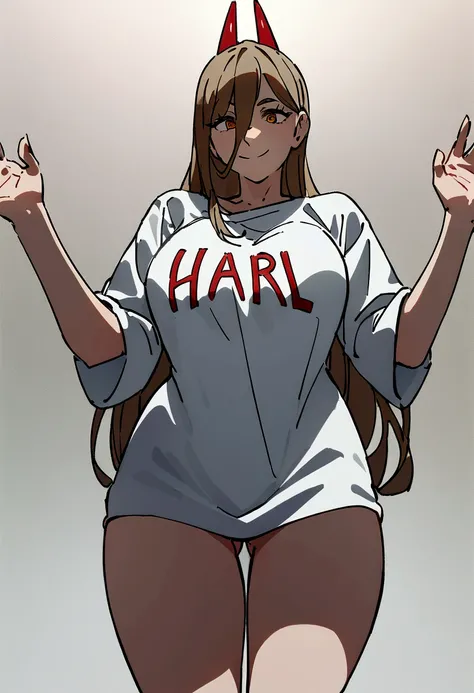 a powerful woman wearing an oversized shirt that reaches her thighs, with the text "Harl" written on the shirt, smiling with a bold expression, detailed face and eyes, 8k, best quality,sentada em uma cadeira.