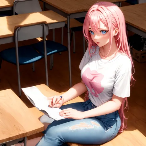 attractive women + pink hair+ blue eyes+ white t-shirt+ jeans+ classroom+ sitting