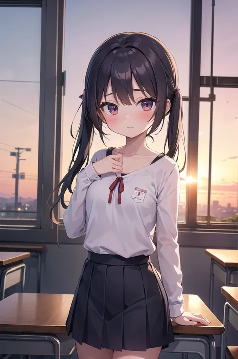 masterpiece,one girl,,blush,sunset,classroom,(i&#39;ll do my best) clenched hands, upper body, viewer looking up chitanda eru,sh...