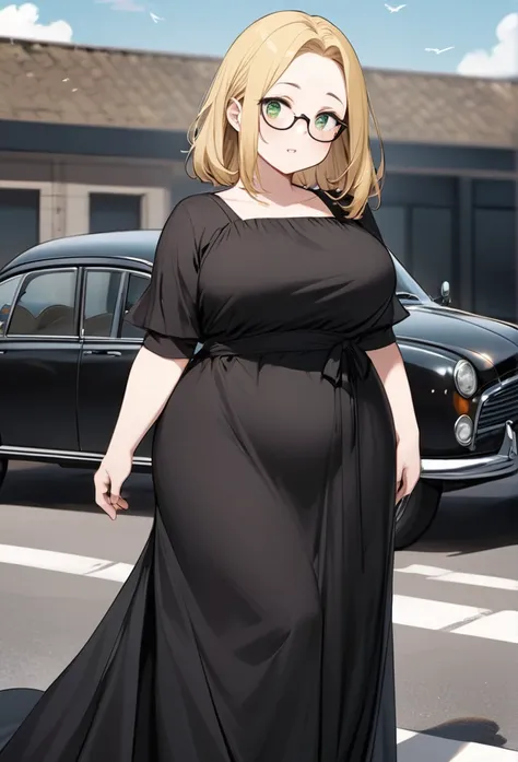 chubby girl, blonde, green eyes, medium length hair,open forehead, no bangs, glasses with black square frames
black dress, long dress, elegant dress, standing near the car