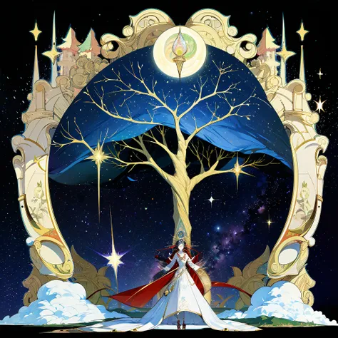 behold the resplendent cosmic tree, a magnificent portrayal of the tree of life, adorned with celestial galaxies and shimmering ...