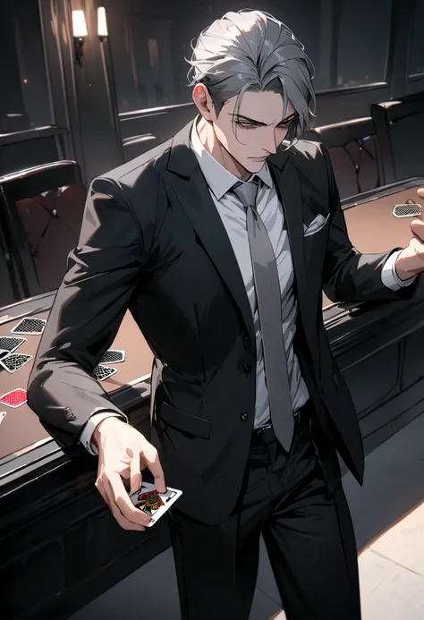 hd, ultra detailed, 8k quality, high quality, masterpiece, 1 boy, single, gray hair, black suit, gray tie, white t-shirt, black pants, hitman vibe, playing cards