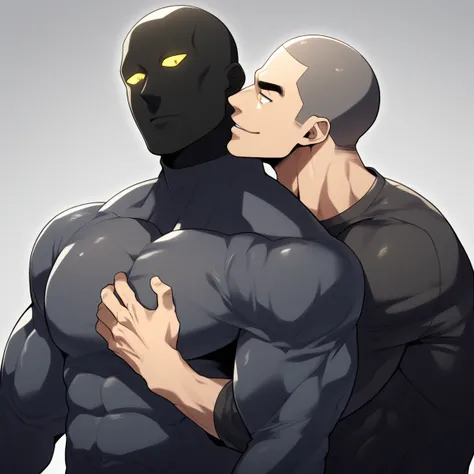 anime characters：Two superheroes in tights, Muscle Sports Student and Muscle No Face skinhead superhero, No Face，negro black skin, They hugged and kissed each other, Bite your neck, Caress, Manliness, male focus, Yellow and black high collar long sleeve ti...