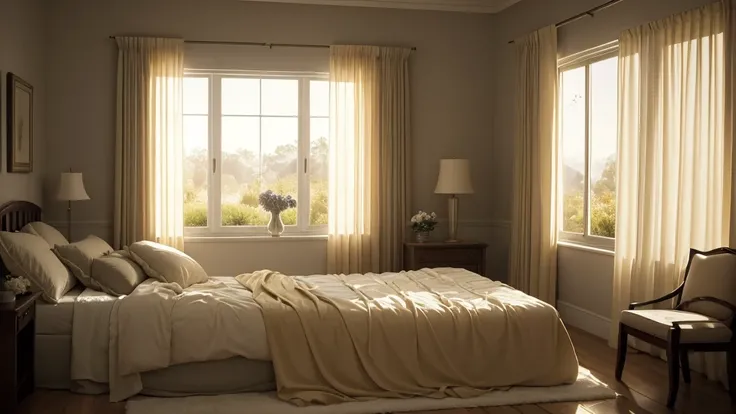 "A peaceful bedroom at dawn, where an elderly person peacefully rests in bed, surrounded by loved ones. Soft sunlight filters through sheer curtains, casting a gentle glow on the serene scene. The atmosphere conveys a sense of tranquility and acceptance, s...