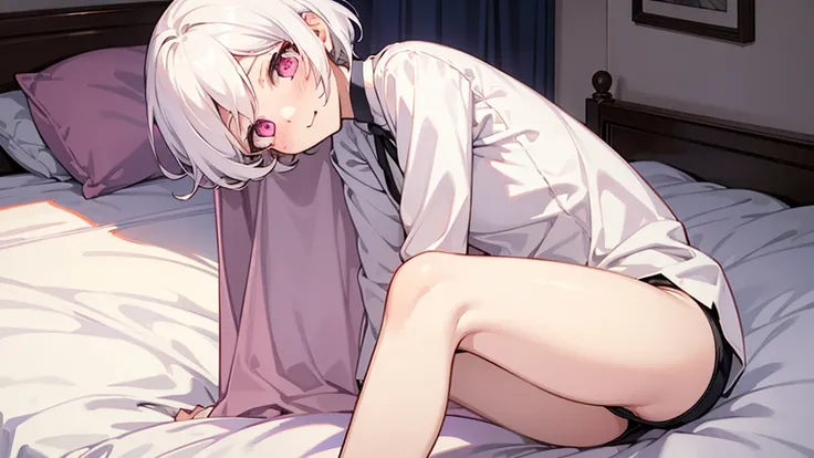 White Hair Girl、Pink Eyes、Short Hair、Only one girl、Night、In the bedroom、Blushing、laughing、Excited、Just One、Sitting on the bed、Wearing only underwear、Sweating、nsfw