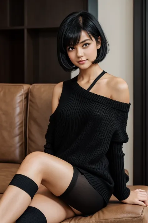 Cute girl short shoulder length black hair wearing a black sweater and black knee high stockings 