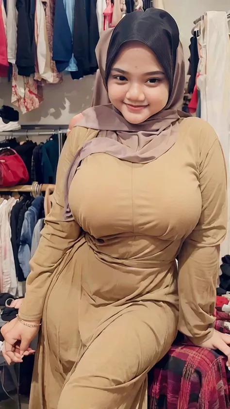 Indonesian woman wearing hijab, badroom, big breast, white skin, smile full body. Curvy body