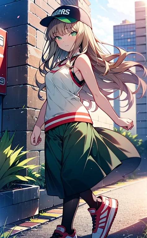 minami yume ,sss Dynazenon ,Long Hair, Brown Hair, (Green Eyes:1.5) ,blush,smile,hair band,Sleeveless shirt,Baseball cap,Long skirt,sneakers,Daytime,Clear skies,Walking,whole bodyがイラストに入るように,　　　　　　break　looking at viewer, whole body, 　　　　　　　break outdoors ...