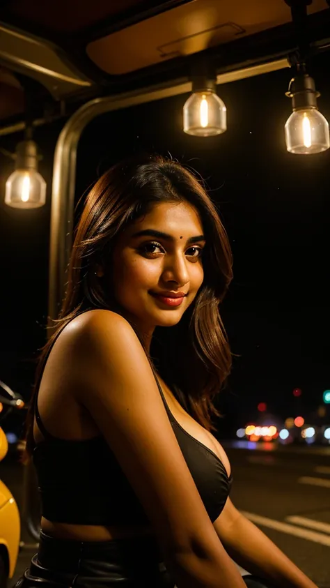 Indian and Pakistani Girls, Solitary, Looking at the audience, Smile, Brown hair, big breasts, outdoor, Brown eyes, Lips, night, Ground car, portrait, motorcycle, Practical, car, road,sky, Cold sky gas lamp column , 8k Ultra HD, DSLR Camera, soft light, hi...