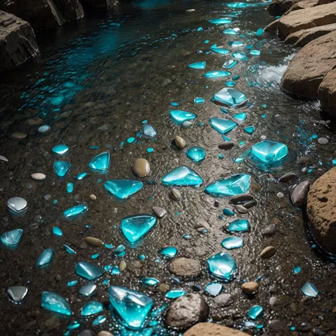 The faintly glowing pebbles have chip patterns and hieroglyphics，crystal clear stream