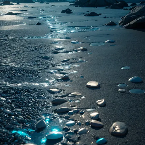 The faintly glowing pebbles have chip patterns and hieroglyphics，crystal clear stream