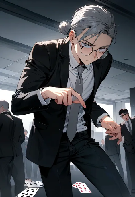 hd, ultra detailed, 8k quality, high quality, masterpiece, 17 year old boy, single, gray hair, man bun, round glasses, black suit, gray tie, white t-shirt, black pants, hitman vibe, black playing cards, taro sakamoto