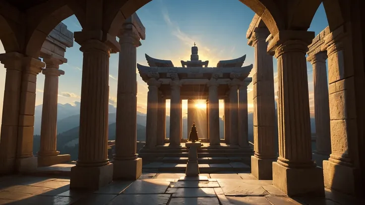 "An ancient temple courtyard illuminated by the setting sun, with stone pillars and intricate carvings depicting scenes of spiritual ascent. In the center, a figure kneels in prayer, their hands raised towards the heavens. Rays of sunlight pierce through t...