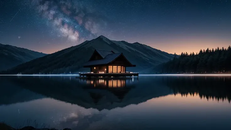 "A serene lakeside retreat under a starlit sky, where reflections shimmer on the waters surface. A solitary figure stands at the edge of the lake, gazing upwards in quiet contemplation. The tranquil setting echoes Ecclesiastes verse on the spirit returning...