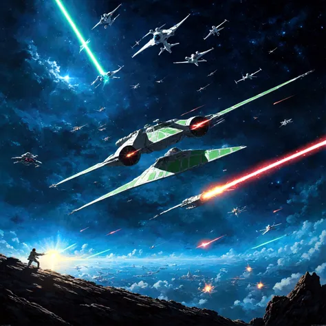 Takes place in a galaxy far, far away、A scene from War of the Worlds。巨大なDeath Starが、惑星を破壊するほどの強力なSuper Laserを発射する瞬間を描写する。A green energy beam、Cutting through the dark space、複数のX-WingやTIE Fighterが、Avoid lasers and explosions、激しいDogfightを繰り広げている。In the backgr...