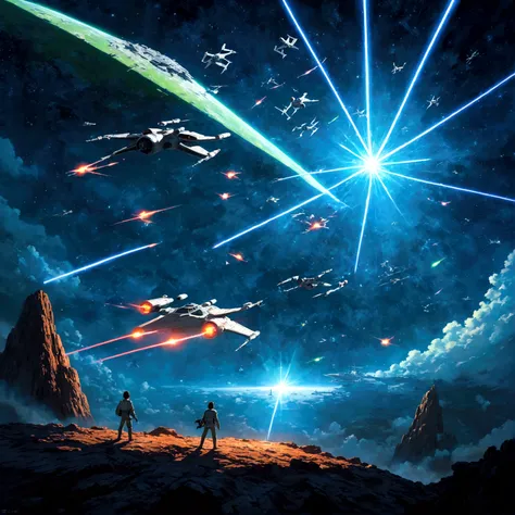 Takes place in a galaxy far, far away、A scene from War of the Worlds。巨大なDeath Starが、惑星を破壊するほどの強力なSuper Laserを発射する瞬間を描写する。A green energy beam、Cutting through the dark space、複数のX-WingやTIE Fighterが、Avoid lasers and explosions、激しいDogfightを繰り広げている。In the backgr...