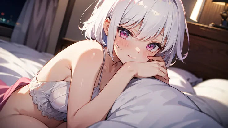 White Hair Girl、Pink Eyes、Short Hair、Only one girl、Night、In the bedroom、Blushing、laughing、Excited、Just One、Sitting on the bed、Wearing only underwear、Sweating、nsfw