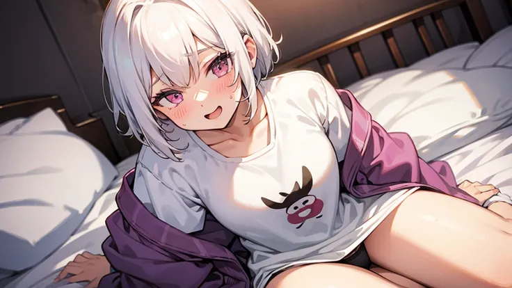 White Hair Girl、Pink Eyes、Short Hair、Only one girl、Night、In the bedroom、Blushing、laughing、Excited、Just One、Sitting on the bed、Wearing only underwear、Sweating、nsfw