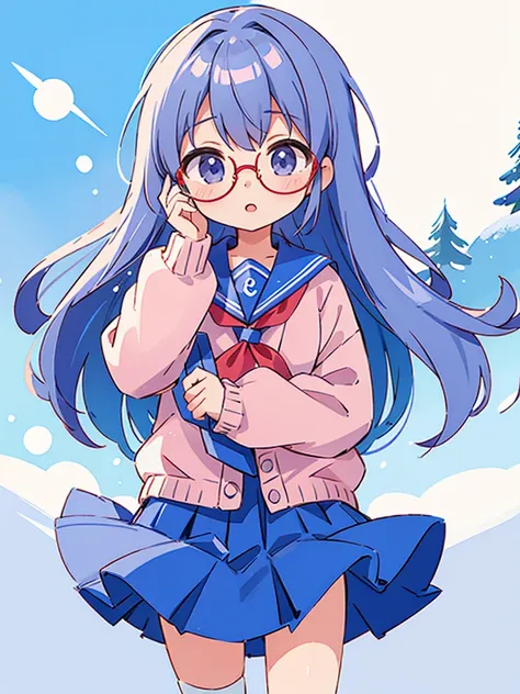 (Mastepiece),(Best Quality),  1 Girl, Yuki is, Blue Skirt, Cardigan, Glasses, Knee-high, Serafuku, winterのユニフォーム, the snow&#39;s, Yuki is, Cloud, winter, Close your eyes,  Kasugazaka, Kitakoma mae, View from the train window, Koin 1, Outdoors, View from th...