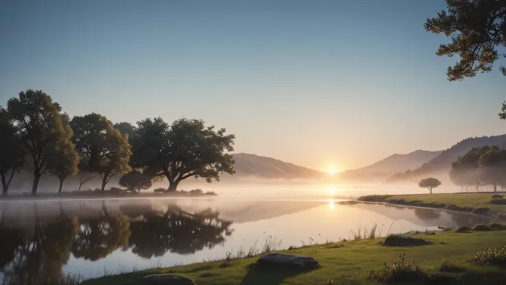 "A serene countryside scene at dawn, where a figure stands before a tranquil lake. The morning mist envelops the landscape, reflecting the soft glow of the rising sun. Nearby, an ancient tree stands sentinel, its branches reaching towards the heavens. This...