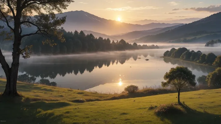 "A serene countryside scene at dawn, where a figure stands before a tranquil lake. The morning mist envelops the landscape, reflecting the soft glow of the rising sun. Nearby, an ancient tree stands sentinel, its branches reaching towards the heavens. This...