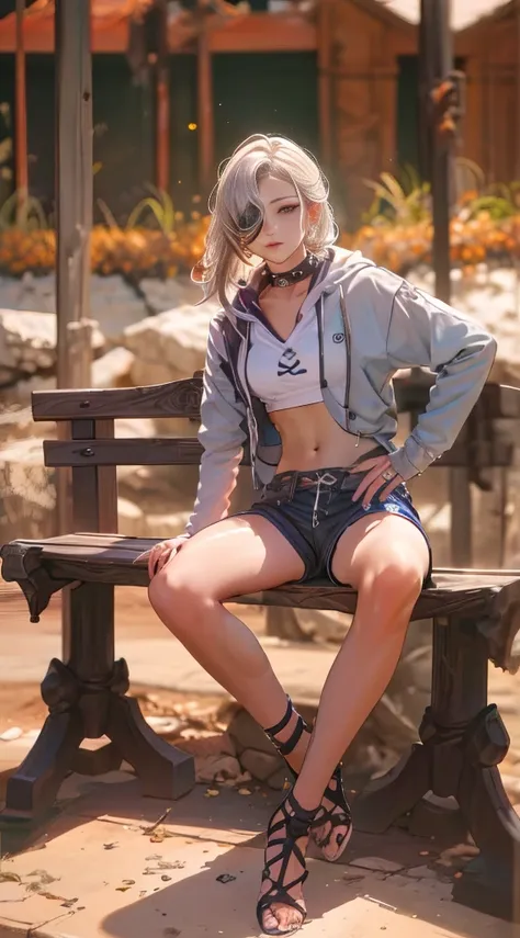 highres, 1girl, ((hair cover one eye, loona shorts, face detailed, spiked collar, pentagram on chest, Legs long, bored face, feets, and to the cauda, academy, dentro da academy, luvas loona, sitting on a bench))), solo, crop top, breasts big, fully body, t...