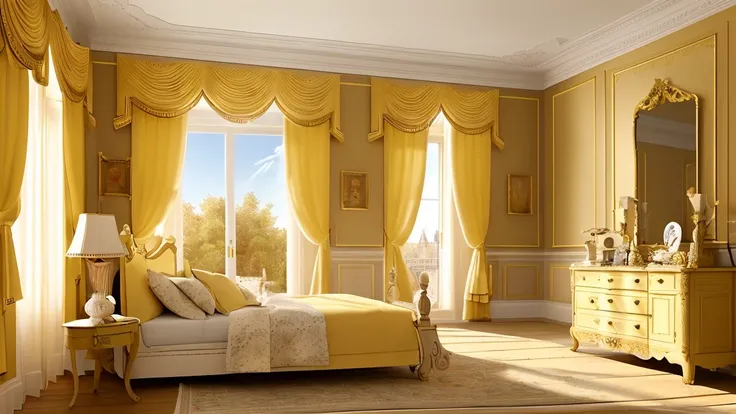 Create a detailed description of a European-style room designed for a , featuring: * A yellow curtain on a wooden deck * White wallpaper on the walls * An extremely precise and detailed design * 16k resolution * A beautiful poster of a character * Morning ...