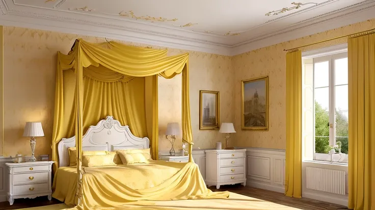 Create a detailed description of a European-style room designed for a , featuring: * A yellow curtain on a wooden deck * White wallpaper on the walls * An extremely precise and detailed design * 16k resolution * A beautiful poster of a character * Morning ...