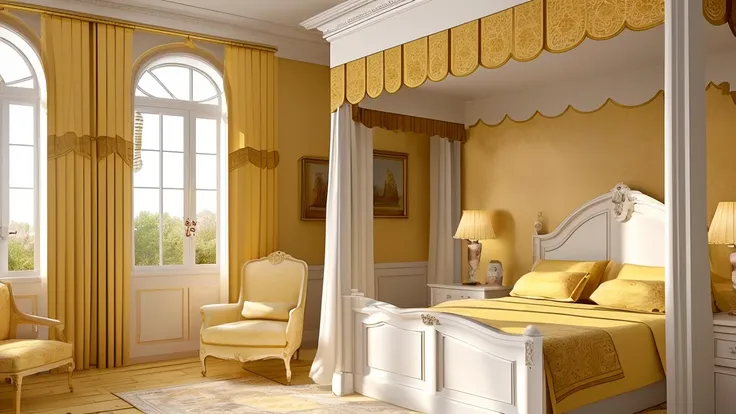 Create a detailed description of a European-style room designed for a , featuring: * A yellow curtain on a wooden deck * White wallpaper on the walls * An extremely precise and detailed design * 16k resolution * A beautiful poster of a character * Morning ...