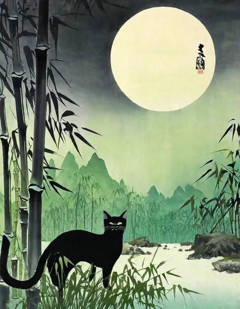 highest quality, masterpiece, high resolution, super long shot,mountain水画,whity,moon,beautiful nature,mountain,black cat,river,l...