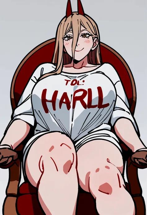 a powerful woman wearing an oversized shirt that reaches her thighs, with the text "Harl" written on the shirt, smiling with a bold expression, sitting on a chair detailed face and eyes, 8k, best quality.