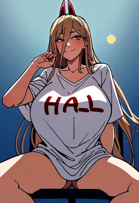 a powerful woman wearing an oversized shirt that reaches her thighs, with the text "Harl" written on the shirt, smiling with a bold expression, sitting on a chair detailed face and eyes, 8k, best quality.