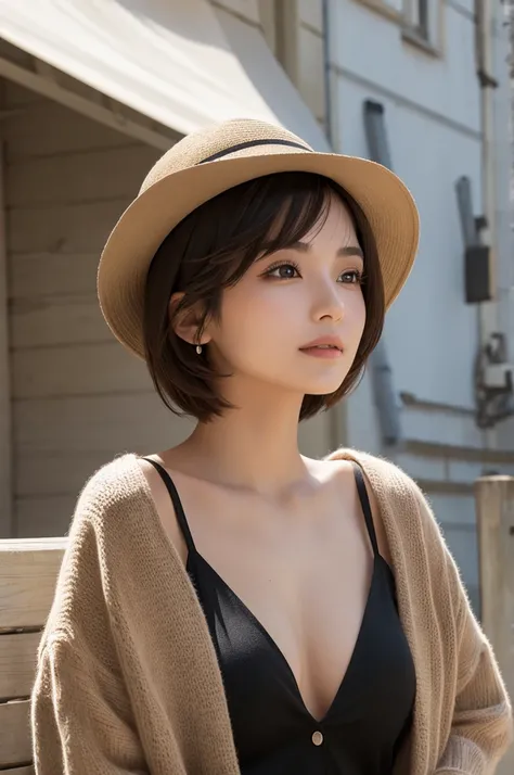 A beautiful woman with short hair and a hat