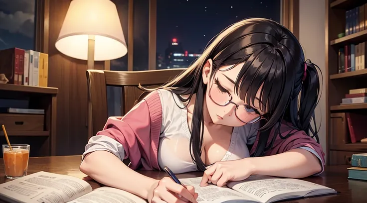 Falling asleep face down while studying at night、A cute girl wearing glasses that accentuate her breasts a little