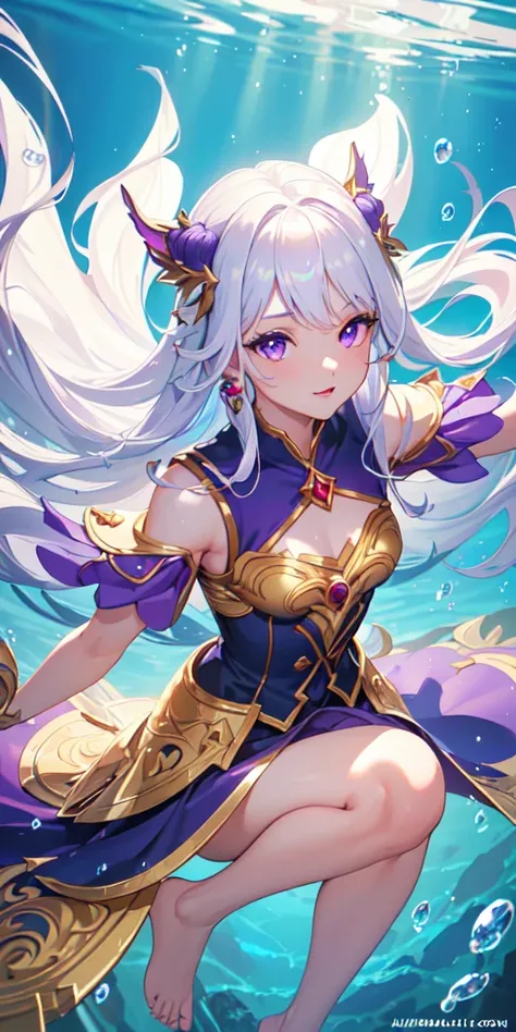 [(Transparent background:1.5)::5],(((masterpiece))),(((best quality))),(((extremely detailed)), 1girl: Esmeralda(mobile legend hero) solo,gorgeous,busty,shiny, (white hair),(purple eyes), full body,barefoot,long hair tranquil nature, koi,Underwater, Dome,c...