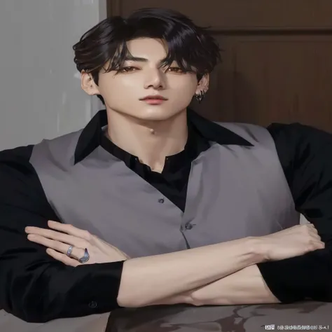 Arafed man wearing a black shirt and a gray vest., jeon Jungkook, quien es jeon Jungkook, inspirado por jeon Jungkook,jeon Jungkook, Heise Jinyao, lee wonbin, beautiful androgynous prince, kim taejin, delicate androgynous prince, jinyoung shin, seson yoon,...