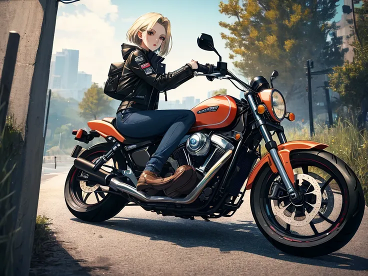 Motorcycle, Android１８Number, (masterpiece), highest quality, 1girl, uhd, retina, masterpiece, ccurate, anatomically correct, textured skin, super detail, high details, high quality, best quality, highres, 4K