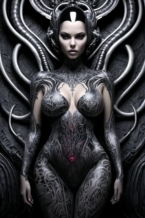 Create an image of Stunningly gorgeous beautiful perfect hr giger tattooed sexy seductive demonic hrgiger, Stunningly gorgeous perfect flawless sexy face, hyper detailed neon ruby ornaments, large firm breasts, full body view, nude, no color black and gray...